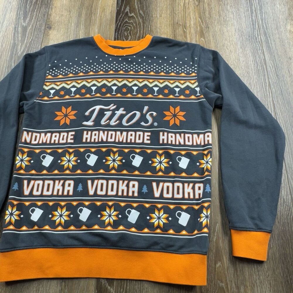 Titos Vodka Sweatshirt Mens S Gray Orange Christmas Bar Party Drink Ugly Sweater